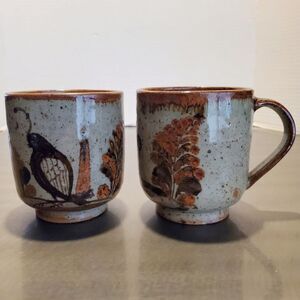 Vintage Studio Pottery Hand Painted Bird Floral Speckeled Coffee Mug Tea Cups